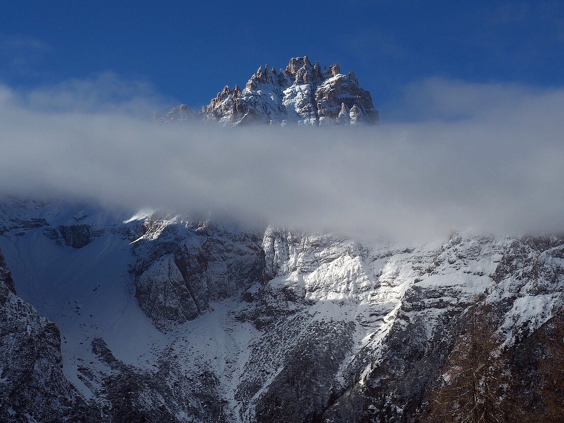 Bei Sexten mit Dreischusterspitze, Dolomiten, Südtirol im Winter, Italien