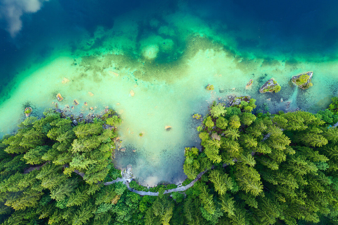 Der Hintersee mit bewaldetem Ufer von oben, Bayern, Deutschland, Europa