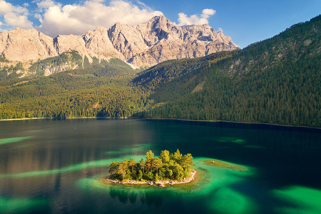 Lugwigsinsel in Eibsee lake in the Zugspitze region, Garmisch-Partenkirchen, Bavaria, Germany, Europe