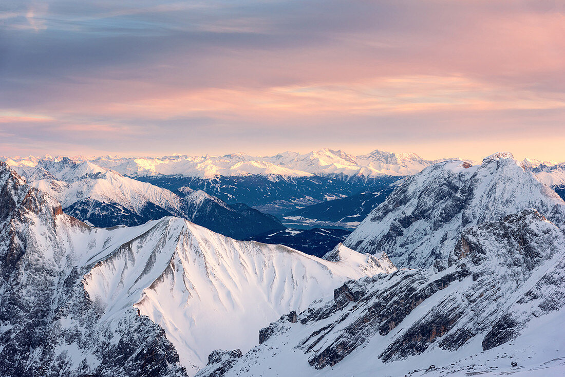 Alpine panorama seen from the Zugspitze in winter, Garmisch-Partenkirchen, Bavaria, Germany, Europe