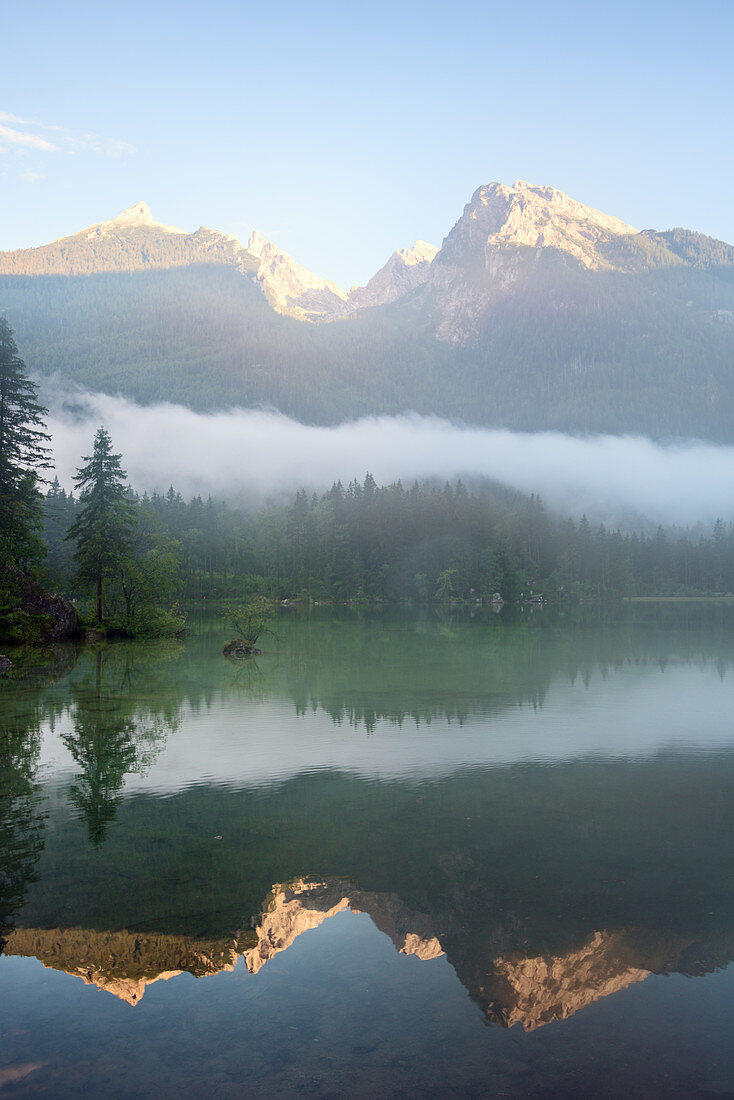 Hintersee lake in morning mist, Bavaria, Germany, Europe