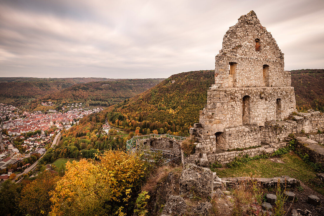View from castle ruin Hohenurach down at Bad Urach, Swabian Alb, Baden-Wuerttemberg, Germany