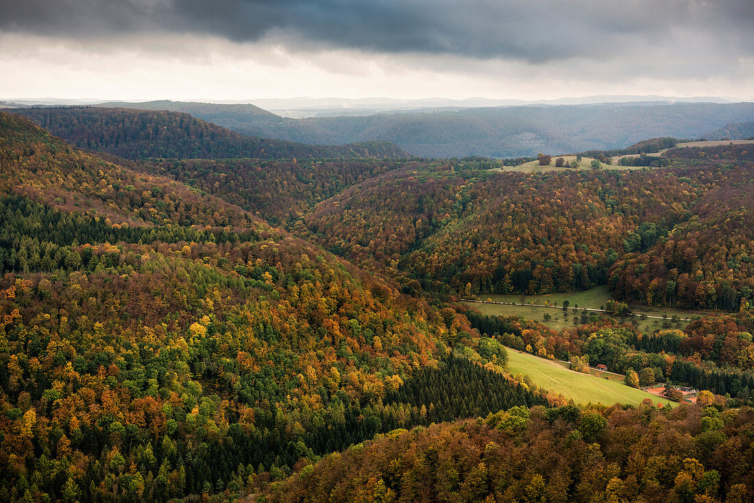 View from Rossberg Tower at the Swabian Alb, autumn colours, Goenningen nearby Reutlingen, Baden-Wuerttemberg, Germany