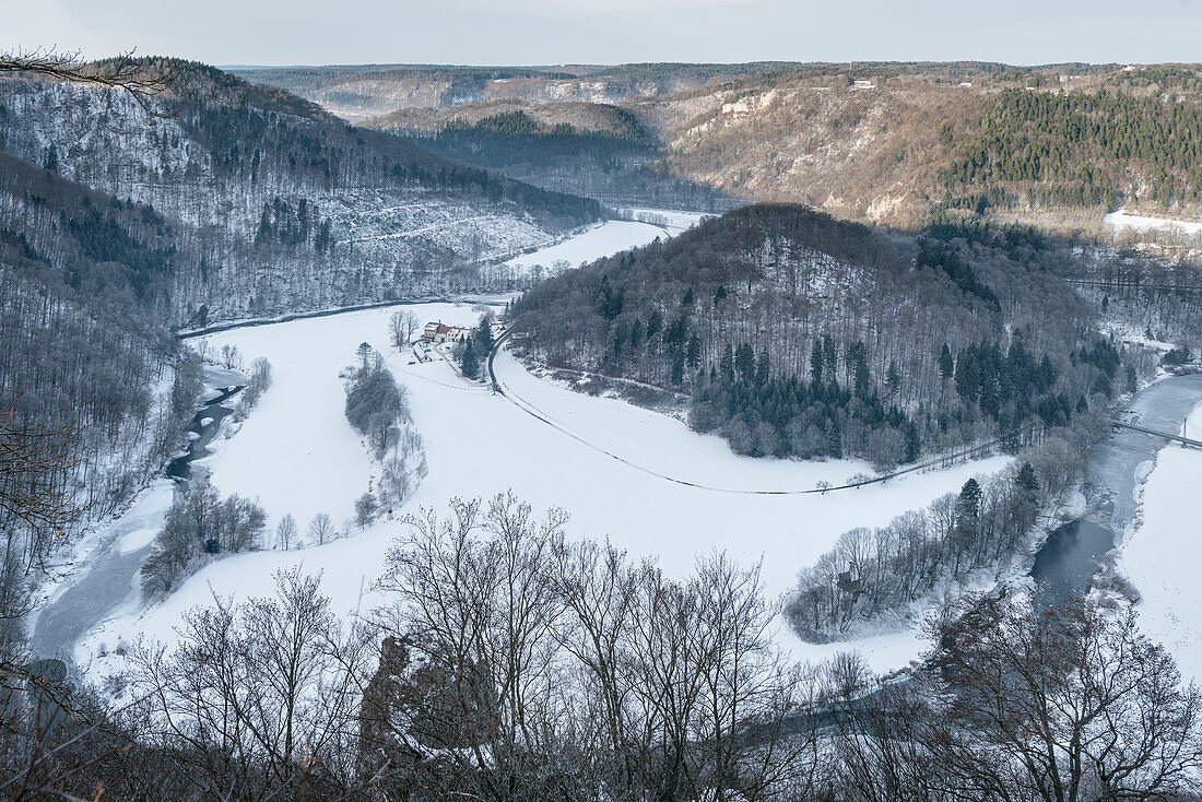 View from Werenwag castle at frozen Danube River turn in winter, nature park Upper Danube Valley, rural district Sigmaringen, Swabian Alb, Danube River, Baden-Wuerttemberg, Germany