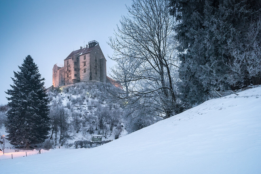 Waldburg Castle surrounded by snowy landscape, rural district Ravensburg, Baden-Wuerttemberg, Germany