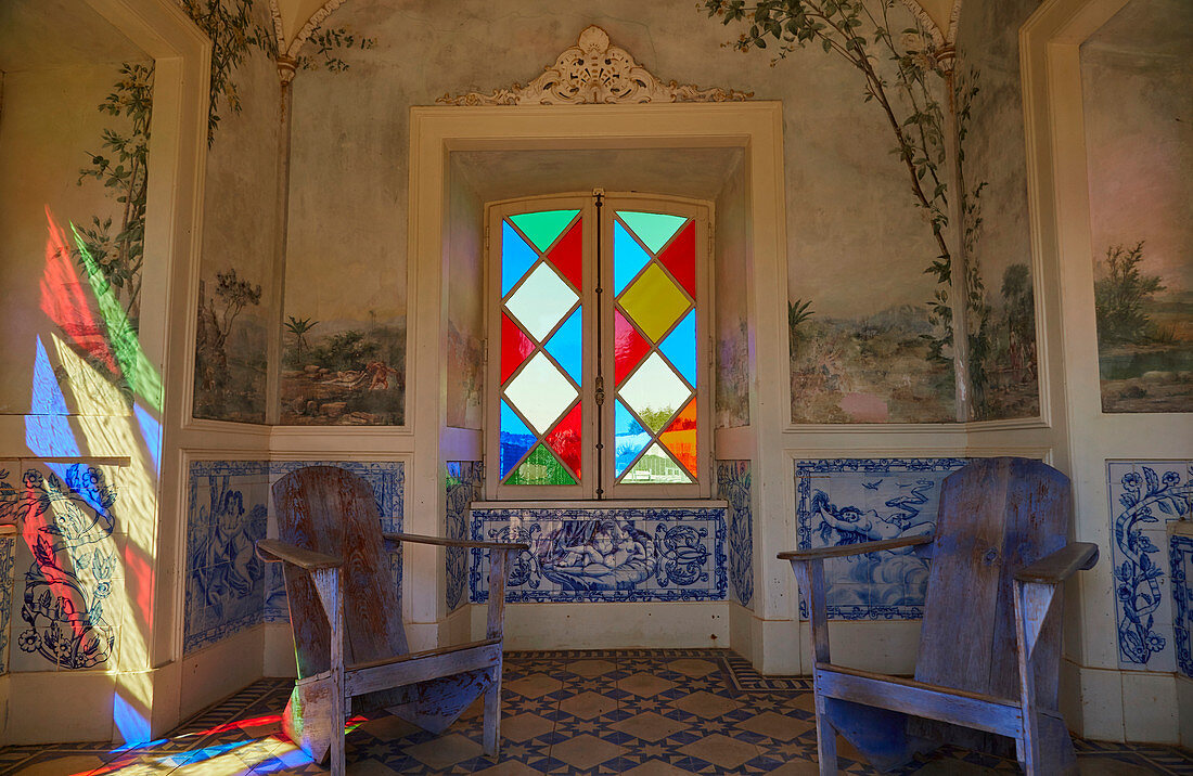 Pavilion with coloured windows and Azulejos, Palácio de Estói, Pousada, Estói, District Faro, Region of Algarve, Portugal, Europe