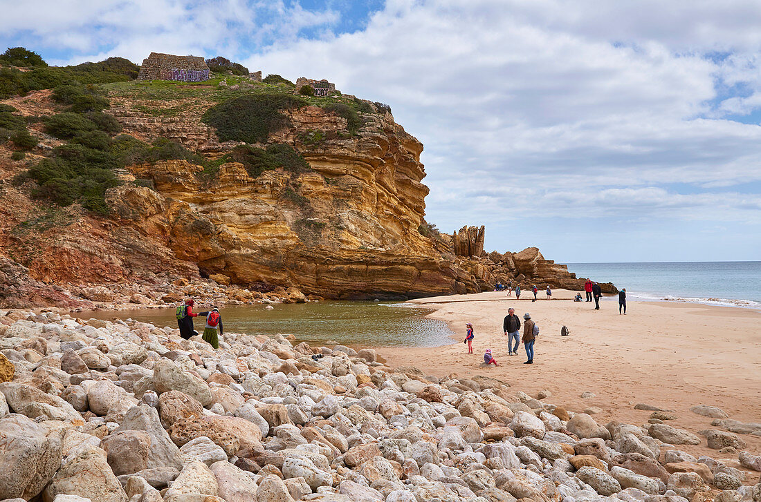 Steep coast and beach at Salema, Parque Natural do Sudoeste Alentejano e Costa Vicentina, Atlantic Ocean, District Faro, Region of Algarve, Portugal, Europe
