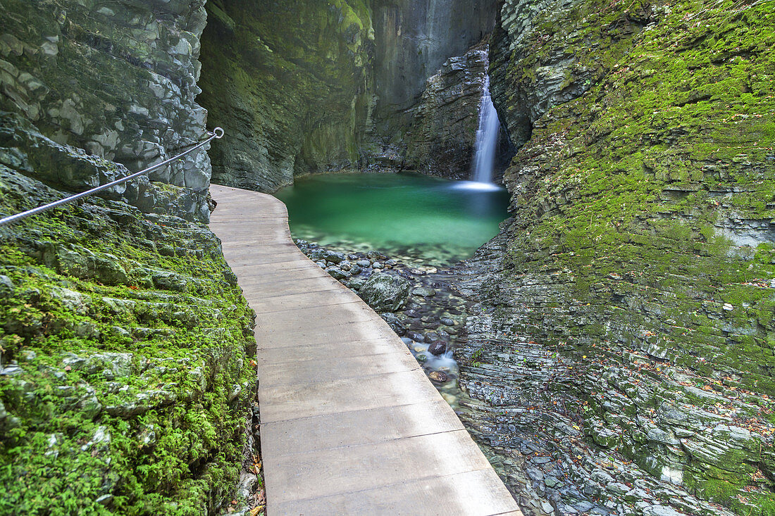 Path through the gorge to the waterfall Kozjak, near river Soca, near Kobarid, Soca Valley, Julian Alps, Goriška, Primorska, Slovenia, Central Europe, Europe