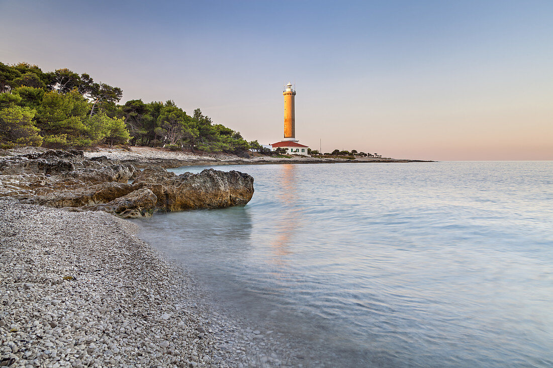 Lighthouse Veli Rat at the Beach at the Mediterranean Sea, island Dugi Otok, Zadar, North Dalmatia, Dalmatia, Croatia, Southern Europe, Europe