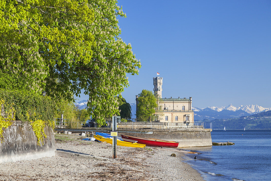 Castle Montfort with view over lake Constance to the Bregenzerwald mountains, Langenargen, Swabia, Baden-Wuerttemberg, South Germany, Germany, Central Europe, Europe