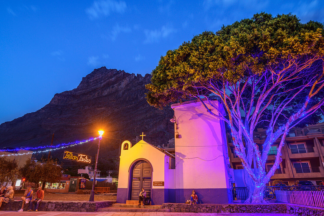Illuminated chapel Ermita de San Pedro in La Playa, Valle Gran Rey, La Gomera, Canary Islands, Canaries, Spain