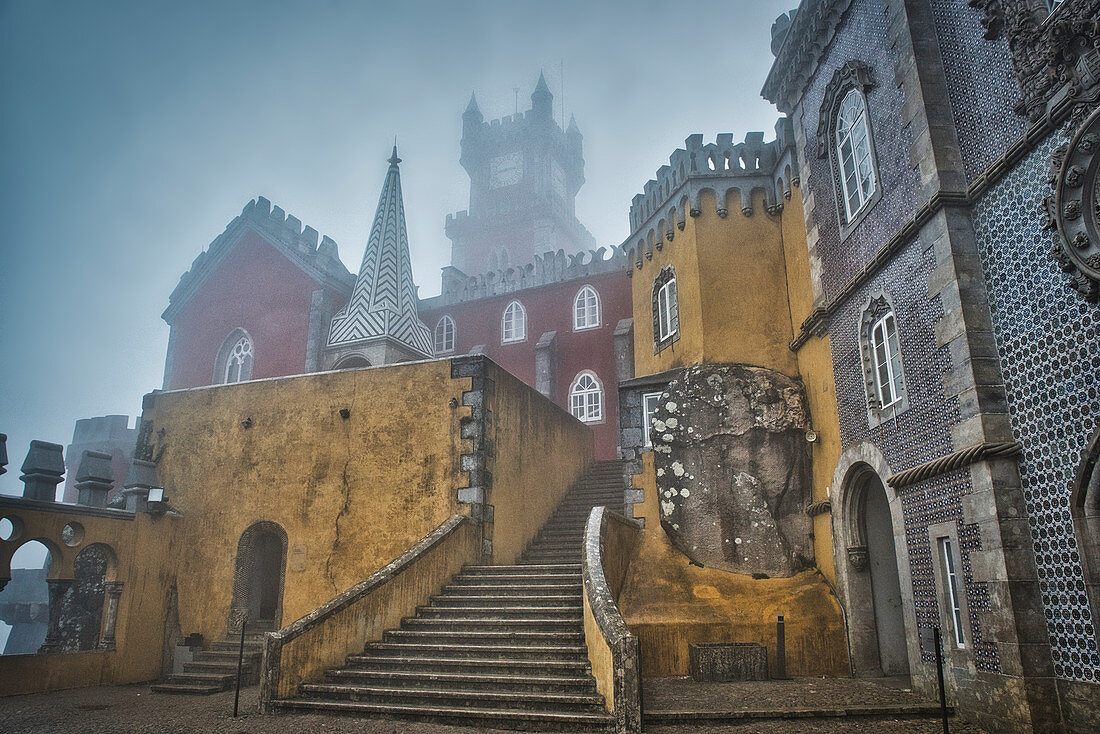 Back yard in the Pálacio da Pena of rain and fog, Sintra, surroundings of Lisbon, Portugal