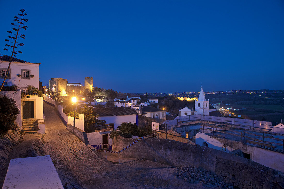 Obidos, medieval walled city in the evening after sunset, Extremadura, Central Portugal, Portugal