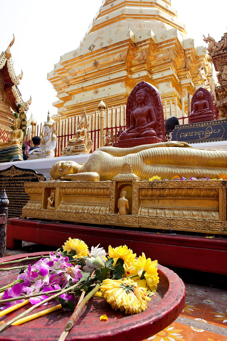 Opfergaben und Buddhastatuen im goldenen buddhistischen Tempel Wat Prah That Doi Suthep, Chiang Mai, Thailand
