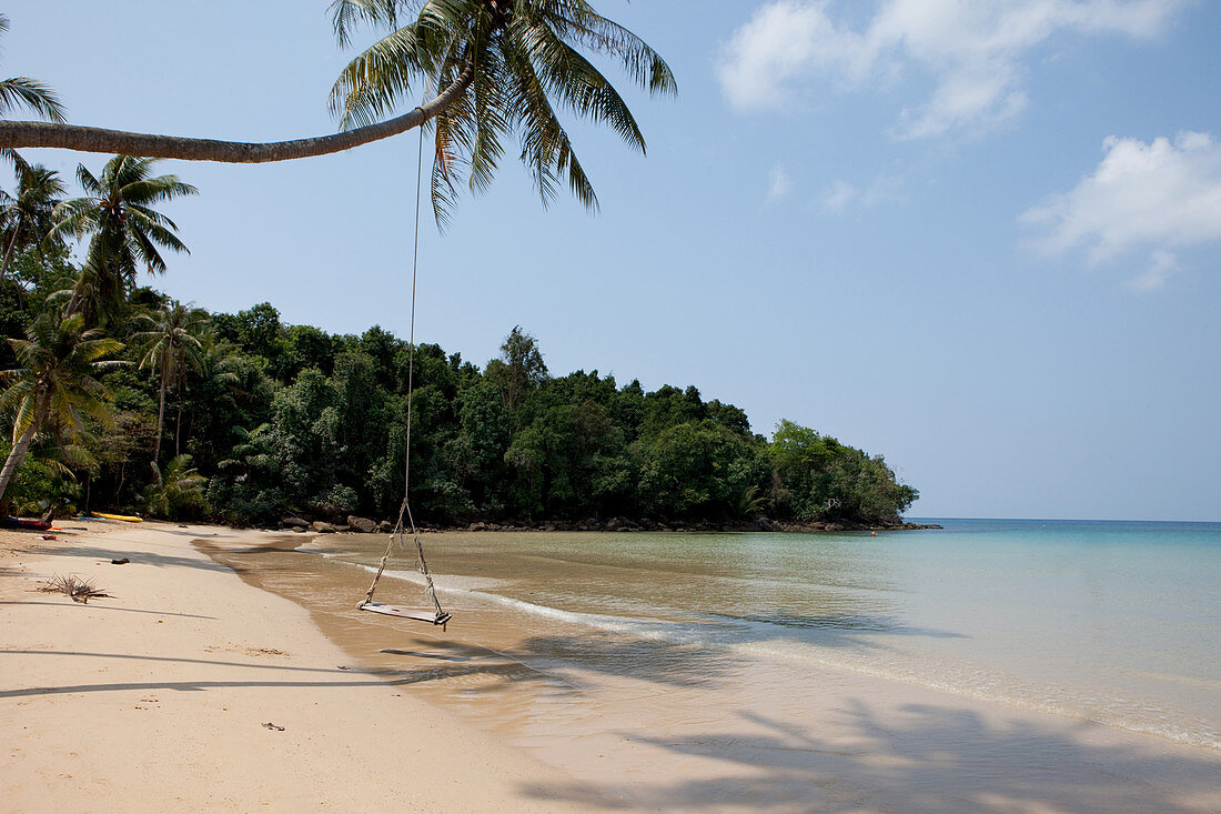 Swing of palm tree at the palm-lined, tropical dream beach, A Na Lay Resort, Koh Kood, Koh Kut, Trat, Thailand