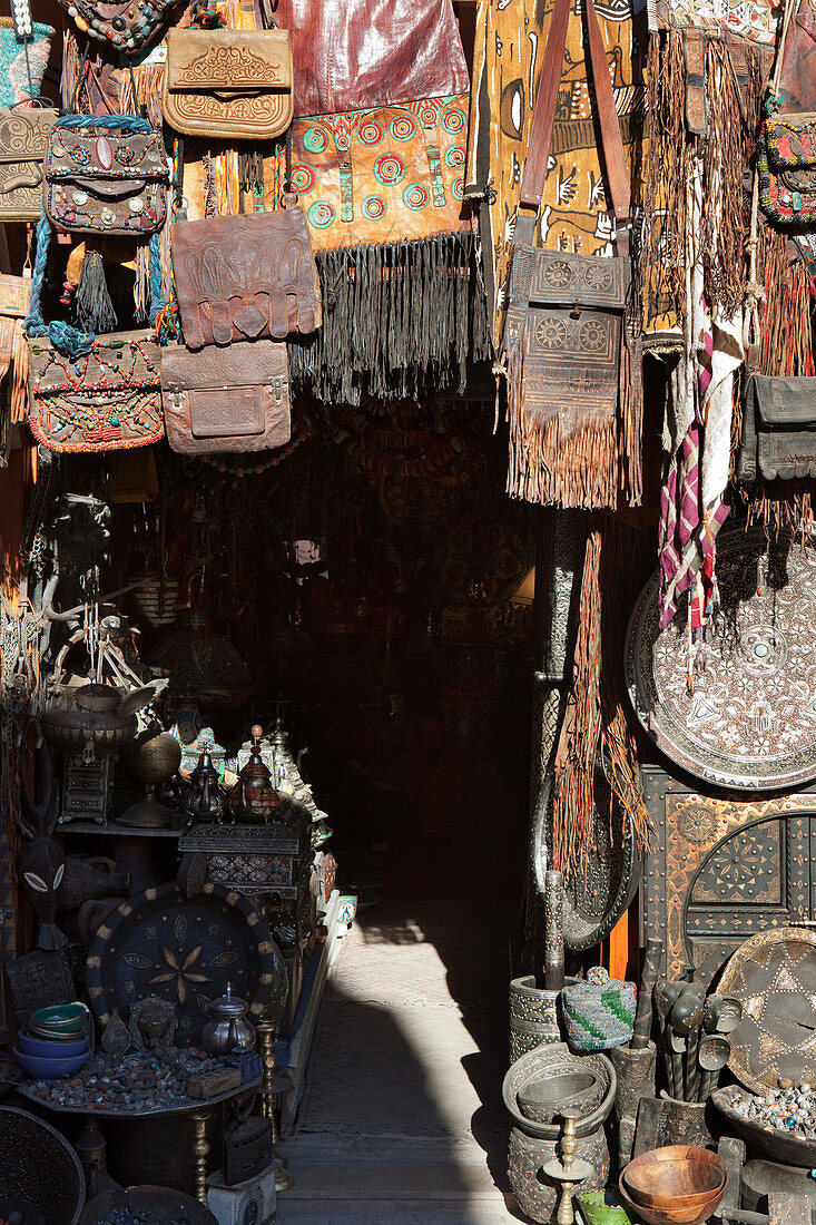 Leather goods and souvenir shop in the medina and the souks of Marrakech, Marrakech, Morocco