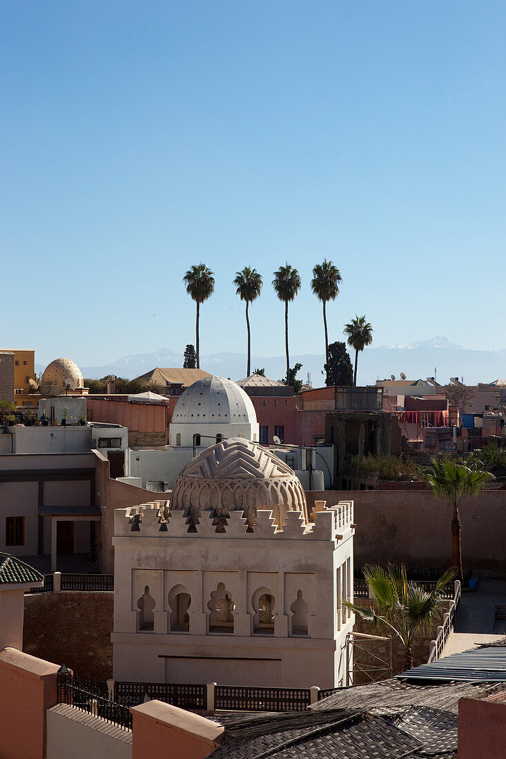 View of a Mosque and the city of Marrakech with the High Atlas in the background, Marrakech, Morocco