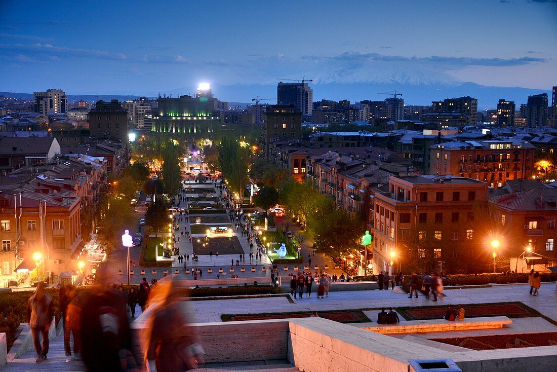 Evening view from the Cascade Complex on Yerevan and Mount Ararat in the background, Armenia, Asia