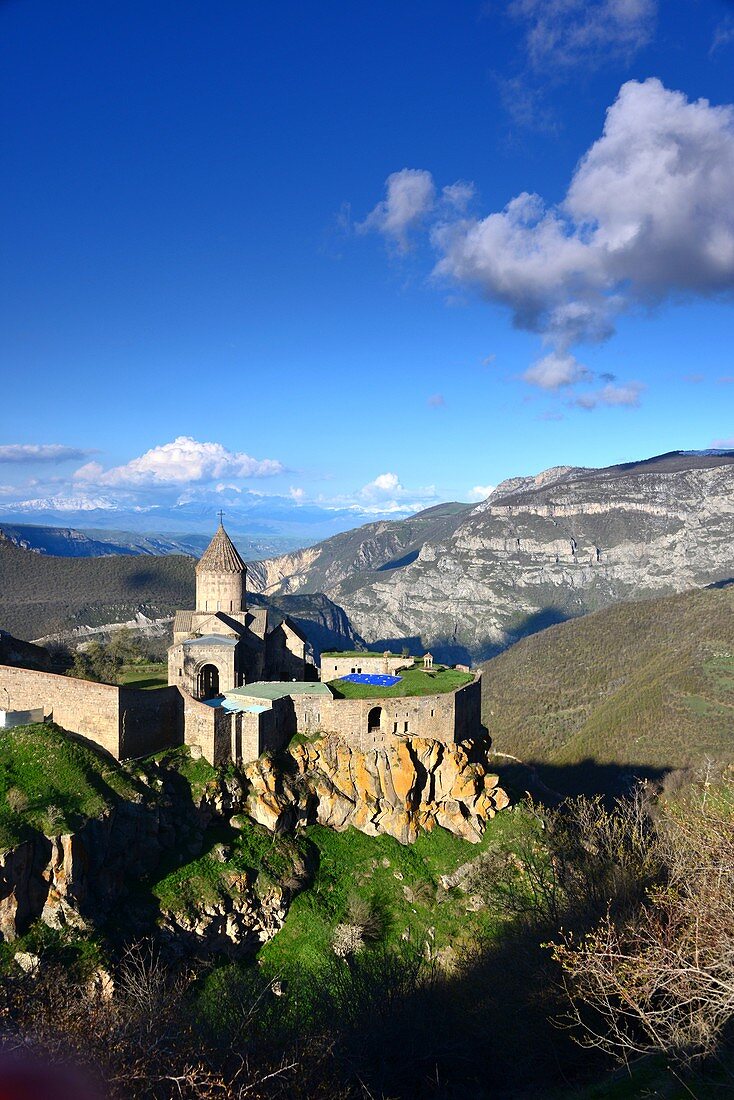 Early Christian monastery Tatew in archaic landscape, Worotan gorge at Goris, southern Armenia, Asia