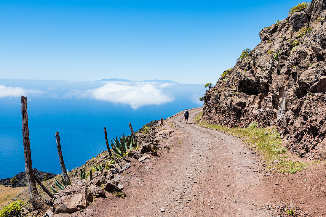 Eine Wanderin im Nationalpark Garajonay mit Blick auf den Atlantik, Valle Gran Rey, La Gomera