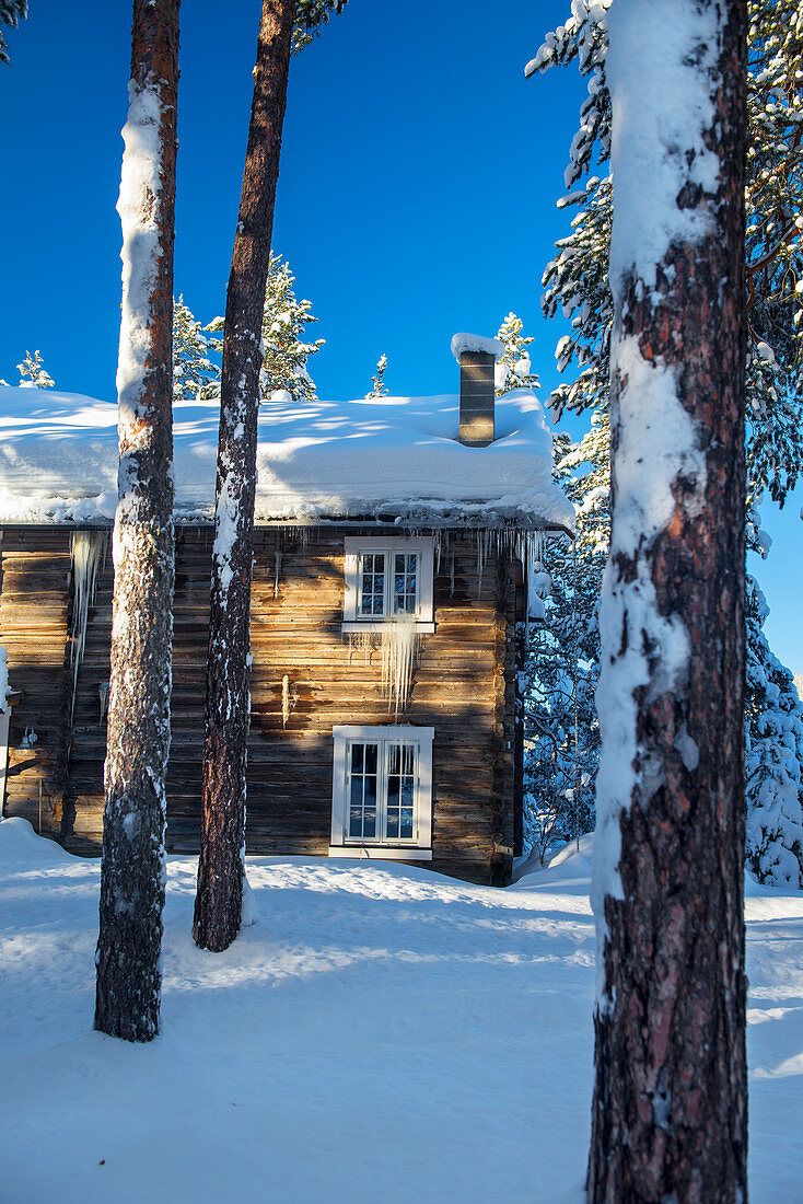 Eingeschneites Holzhaus bei Heggenes im Winter, Norwegen