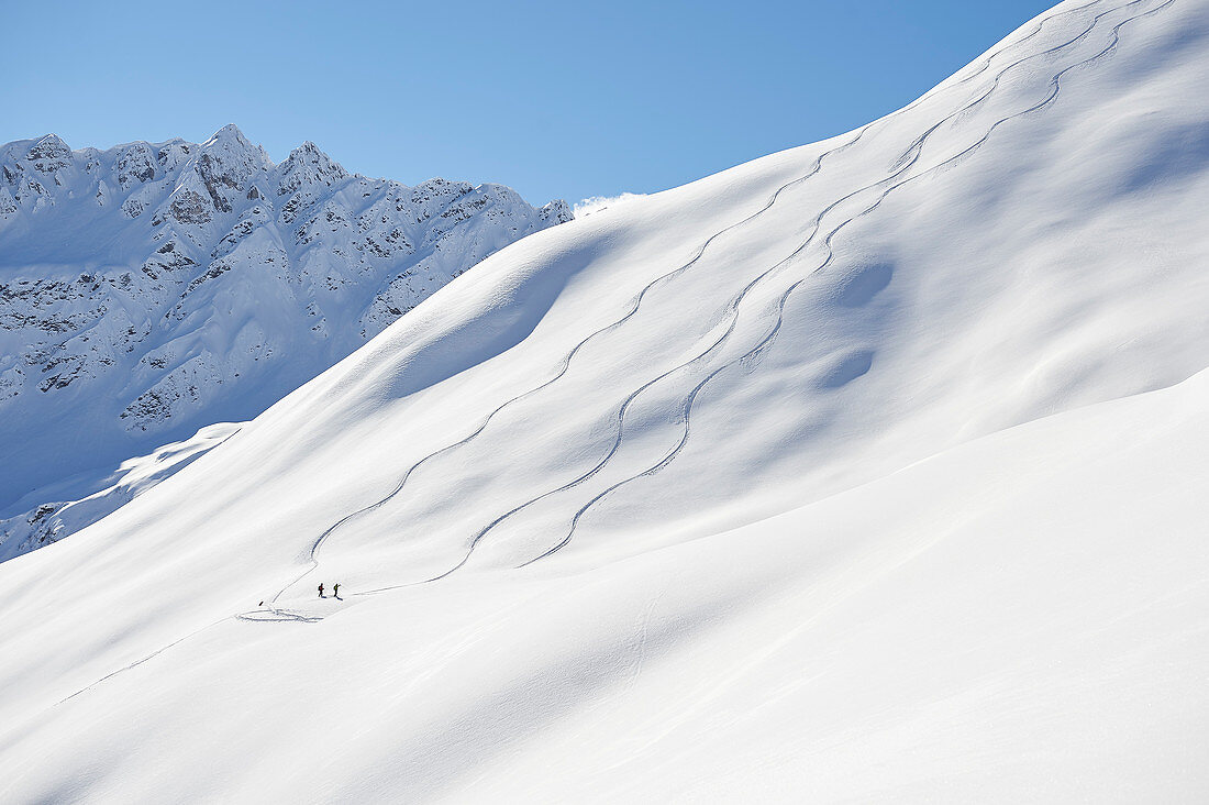 Skifahrer im Tiefschnee, Österreich, Skitour und Freeride in Tirol