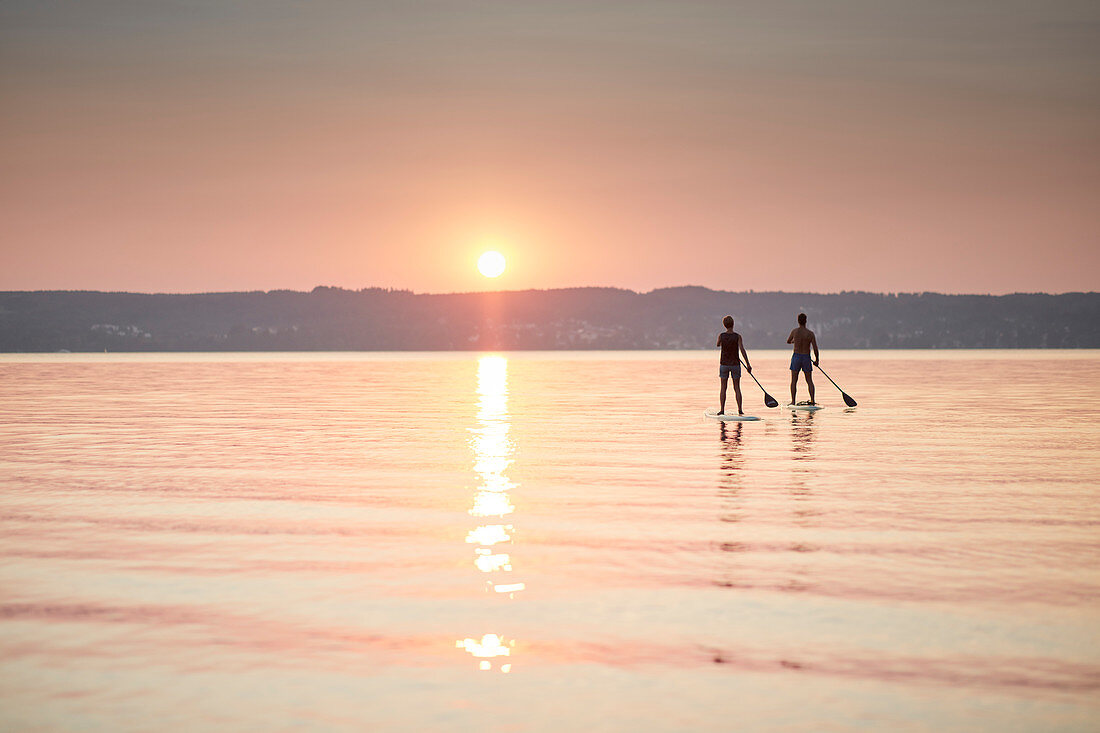 Zwei SUP Paddler auf dem abendlichen See, Starnberger See, Bayern, Deutschland