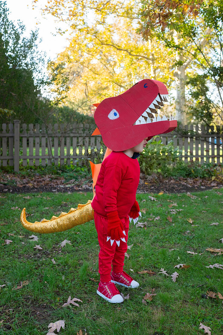 Boy dressed up as red dinosaur