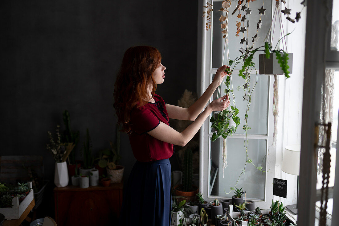 Redhead woman holding hanging plants by window