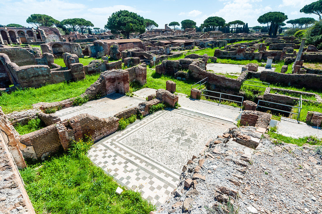 Mosaik, Block von Bacchus und Arianna, archäologische Ausgrabungsstätte Ostia Antica, Provinz Ostia, Rom, Latium, Italien, Europa