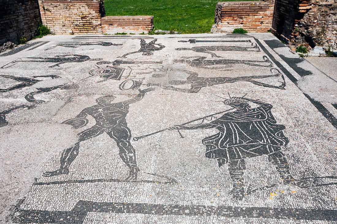 Mosaics, Terme di Porta Marina, Ostia Antica archaeological site, Ostia, Rome province, Lazio, Italy, Europe