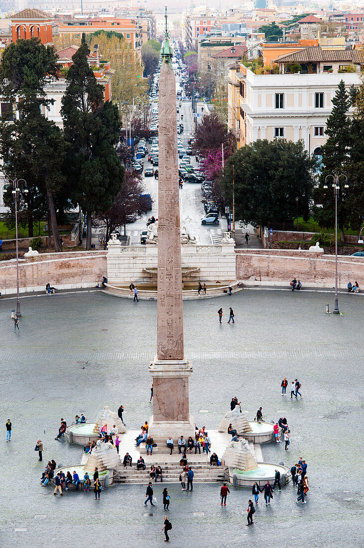 Piazza del Popolo, Egyptian obelisk and Four lions' fountain, Rome, Lazio, Italy, Europe