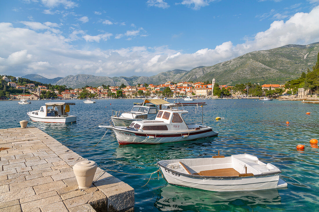 View of town and harbour in Cavtat on the Adriatic Sea, Cavtat, Dubrovnik Riviera, Croatia, Europe