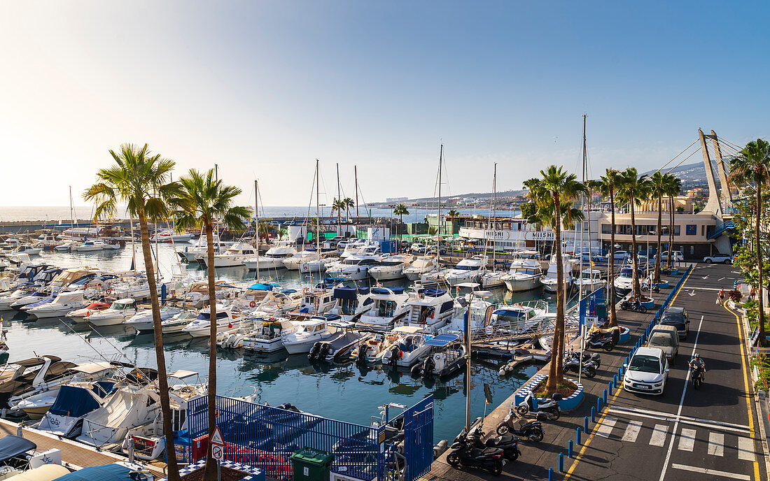 Yachthafen mit größeren Segelbooten in Teneriffa, Kanarische Inseln, Spanien, Atlantik, Europa