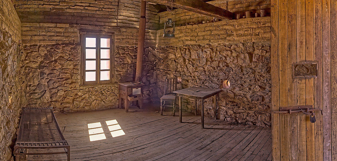 A panorama of the historic cabin of Henry Wickenburg, who founded the Arizona town with the same name in the late 1800s, Wickenburg, Arizona, United States of America, North America