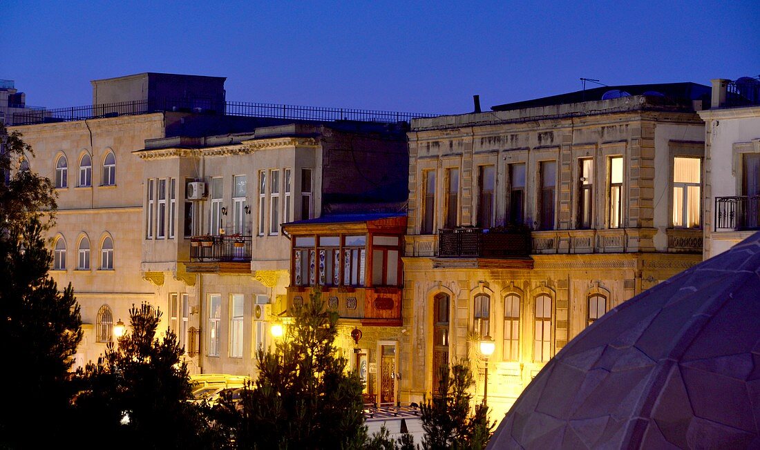 In the evening renovated houses in the old town of Baku, Caspian Sea, Azerbaijan, Asia