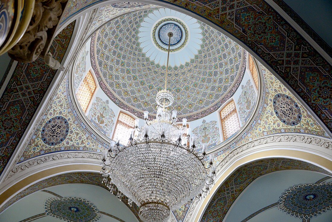 Dome with chandelier in the Cuma mosque in the old city of Baku, Caspian Sea, Azerbaijan, Asia