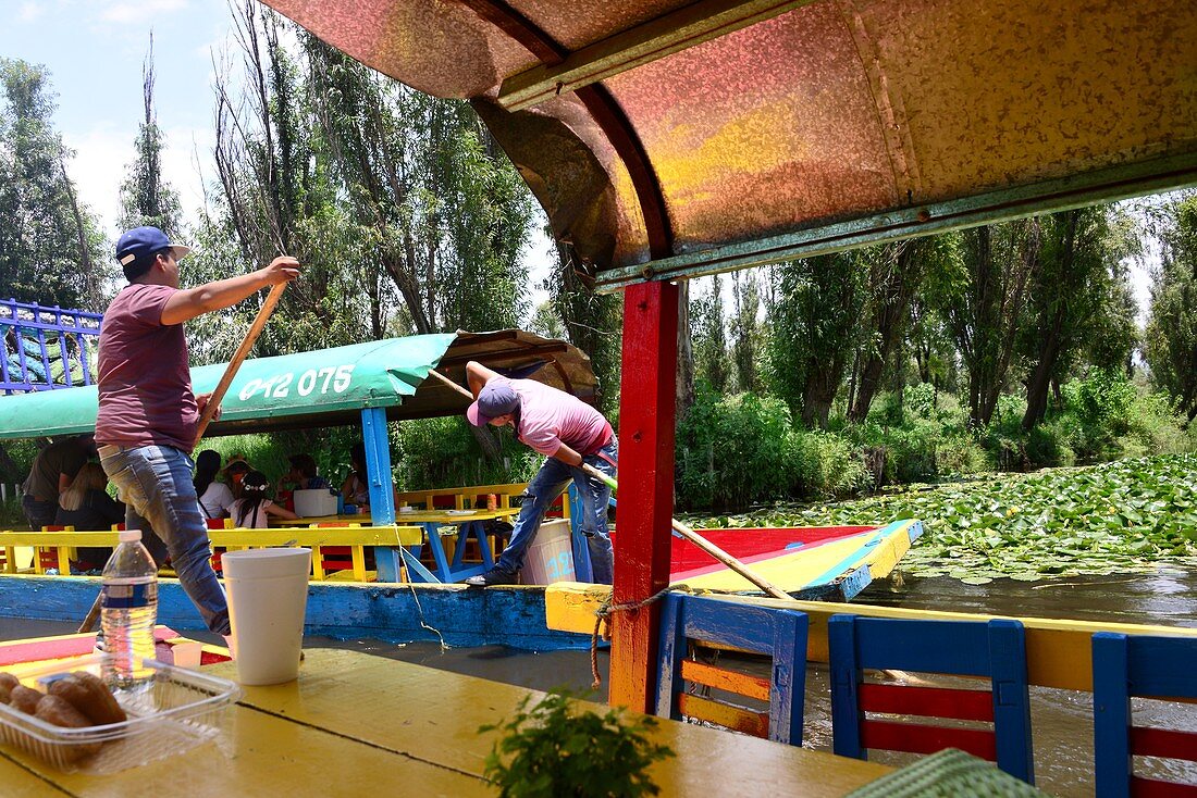 Mexikanische Bootsführer auf bunten Booten, Kanäle von Xochimilco, Mexico City, Mexiko