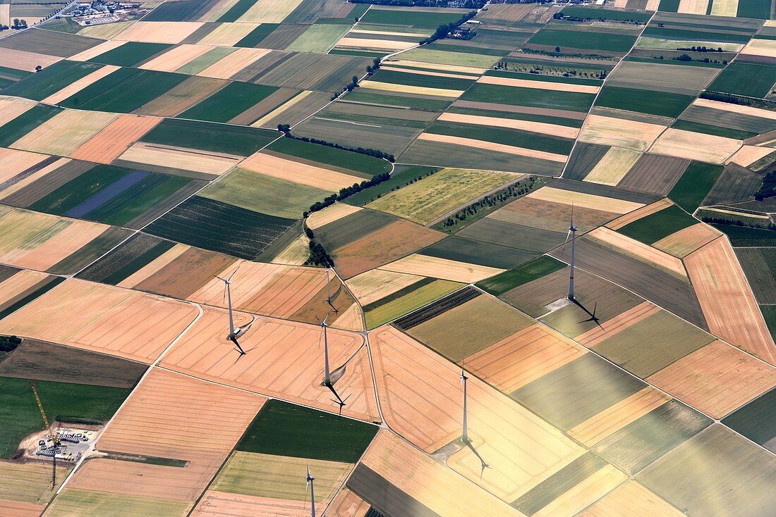 Bunte Felder mit Windrädern, Anflug zum Flughafen, westlich von Frankfurt am Main, Hessen, Deutschland