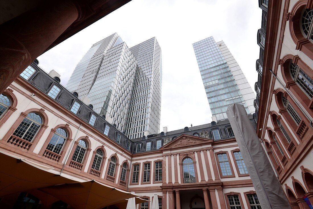 high-rise skyscrapers behind the Thurn and Taxis Palais in the financial district, Frankfurt am Main, Hesse, Germany