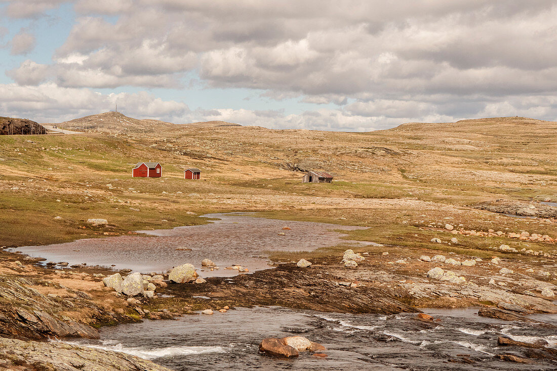 Norwegische Häuschen stehen in den Bergen, umgeben von karger Landschaft, Finse, Norwegen