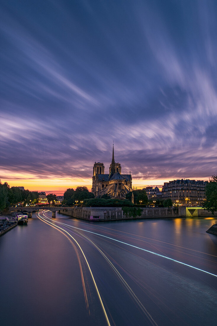 Light trails from the Bateaux Mouches on the Seine, Paris, France