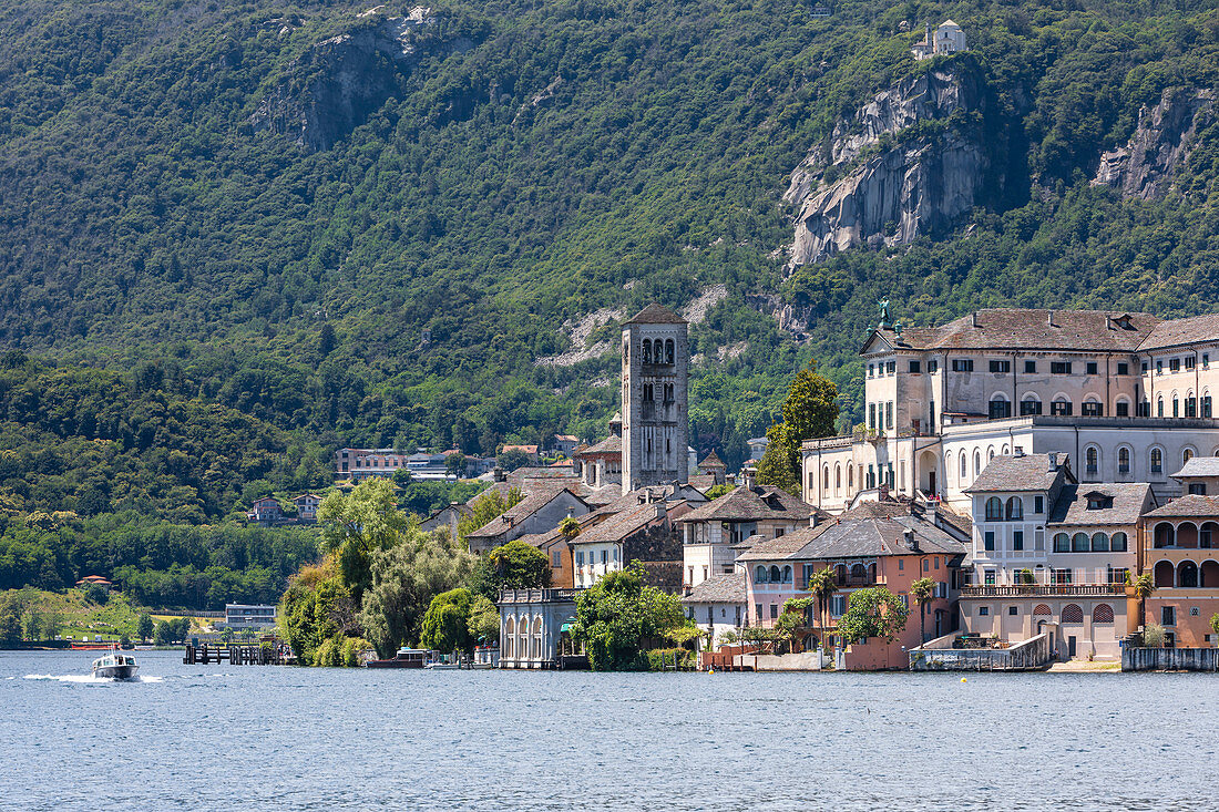View of Island of San Giulio in the Lake Orta from Orta San Giulio village (Orta San Giulio, Lake Orta, Novara province, Piedmont, Italy, Europe)