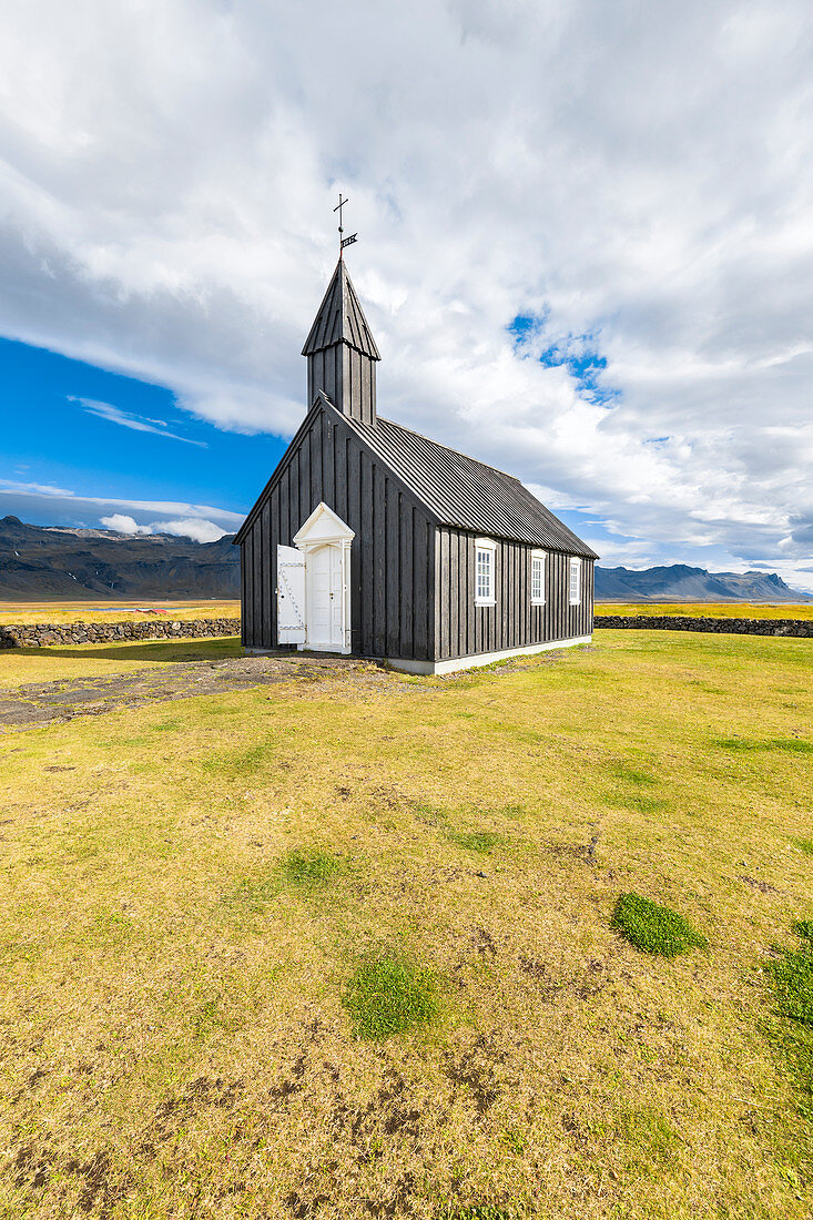 Budir Church, the small black hamlet in Budarhraun lava fields (Snaefellsnes Penisula, Western Region, Iceland, Europe)