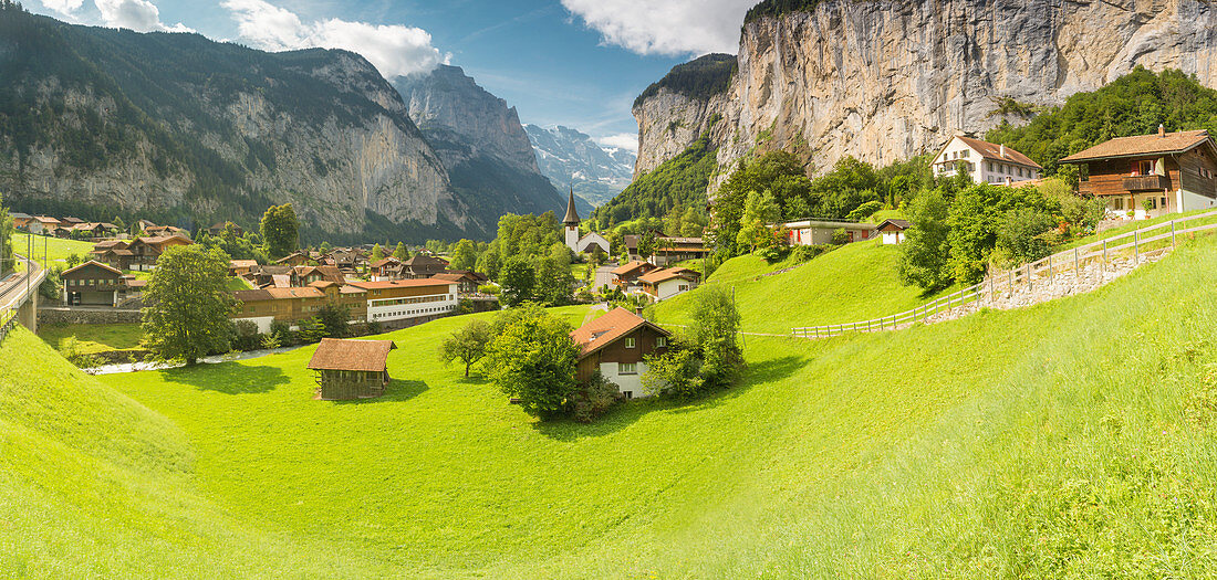 Village of Lauterbrunnen with Staubbach Fall in the background,Interlaken-Oberhasli administrative district, canton of Bern,Bernese Oberland, Switzerland.