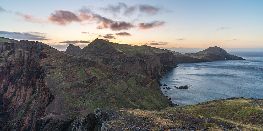 View of Point of St Lawrence and Furado Point at dawn. Canical, Machico district, Madeira region, Portugal.