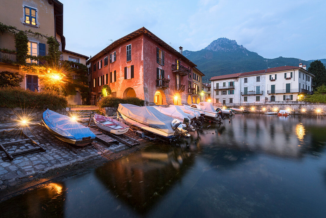 View of the village Varenna at dusk, Mandello, Lecco Province, Lombardy, Italy, Europe