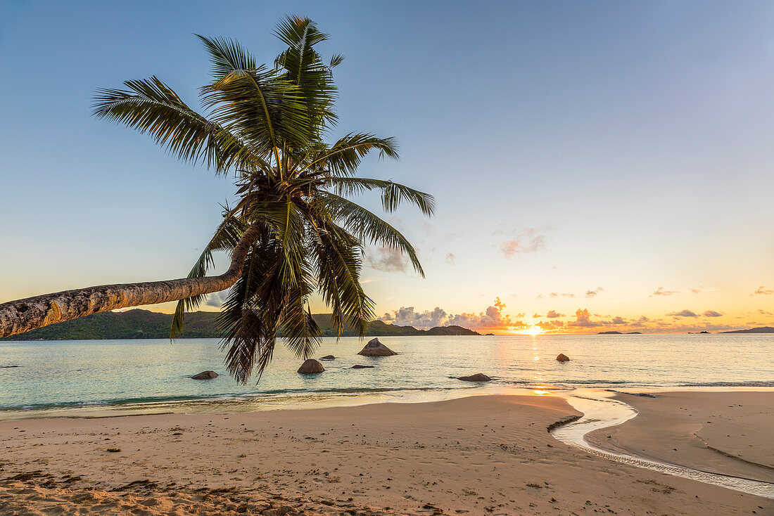 Sunrise in Seychelles. Anse Boudin, Praslin island, Seychelles, Africa