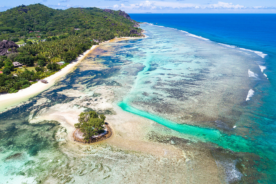 Luftaufnahme, La Digue Insel, Seychellen, Afrika