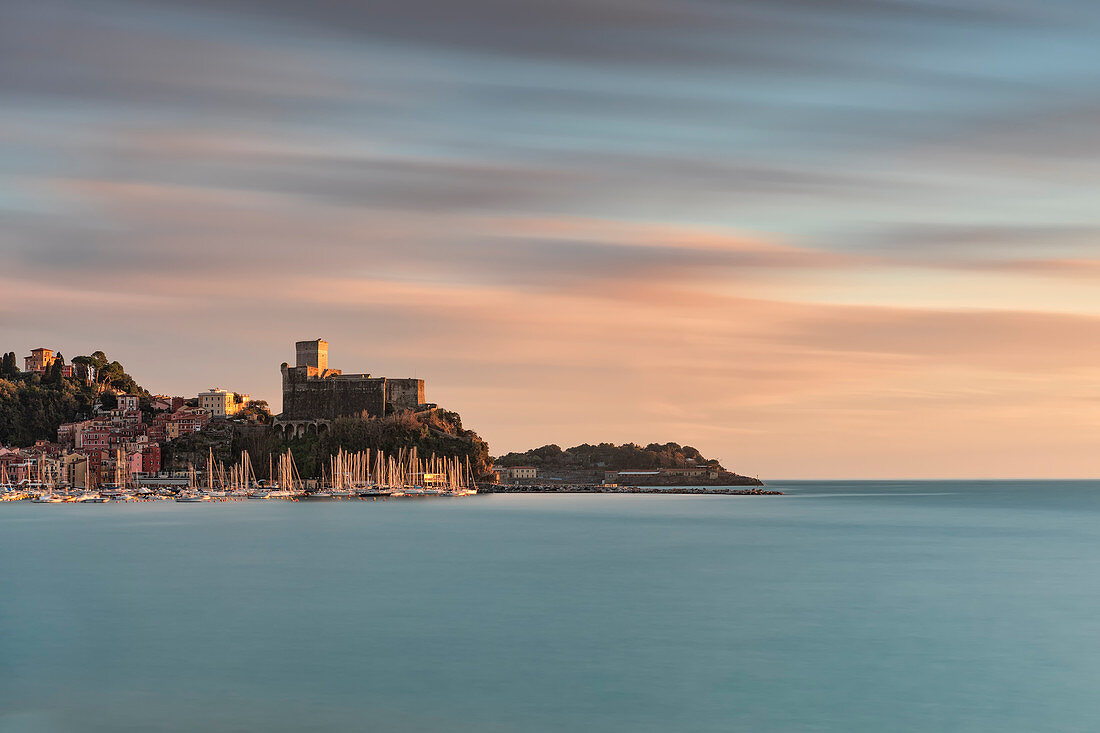 long exposure and colorful sunset at Lerici castle, municipality of Lerici, La Spezia province, Liguria district, Italy, Europe